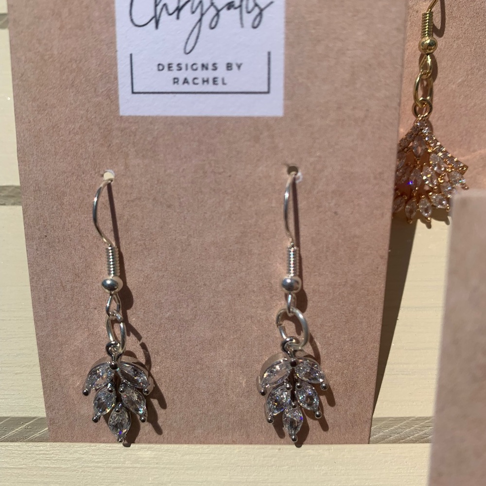 Cubic Zirconia Silver Leaf Earrings